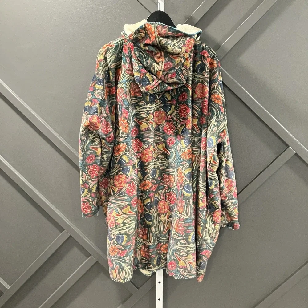 Natural Life L/XL Floral Sherpa Fleece Hooded Kimono Cardigan Robe Boho